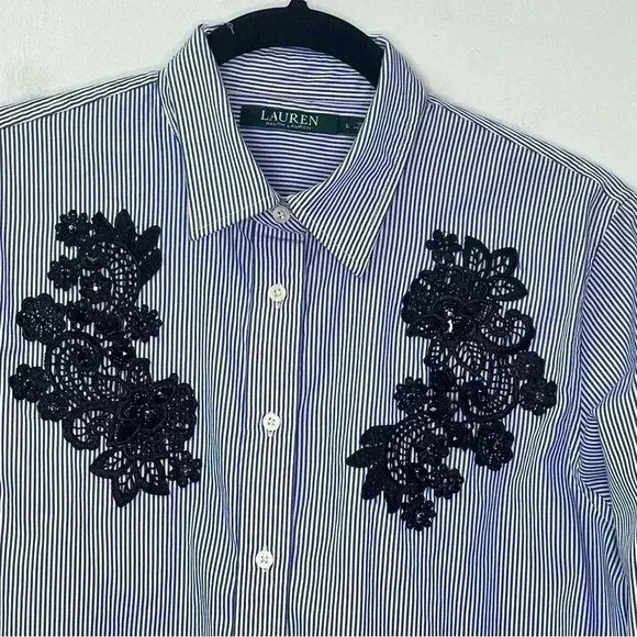 Lauren Ralph Lauren Women Embellished Button Up Striped‎ Shirt Sz L - Picture 4 of 9